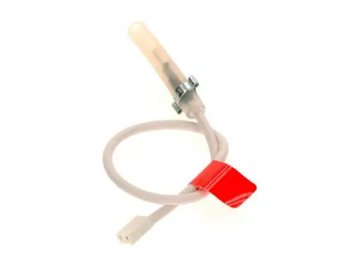 BOSCH Ionisationsleitung mit einem transparenten Ende und einem weißen Stecker. Die Leitung ist in einem neutralen Farbton gehalten und besitzt eine Sicherheitsmarkierung in Rot.